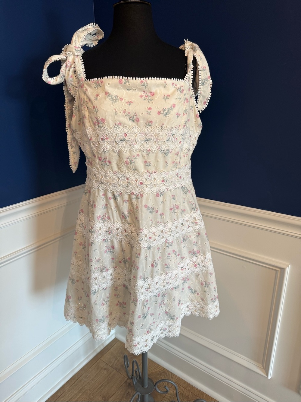White Floral Lace-Trim Midi Dress with Tie Shoulders
